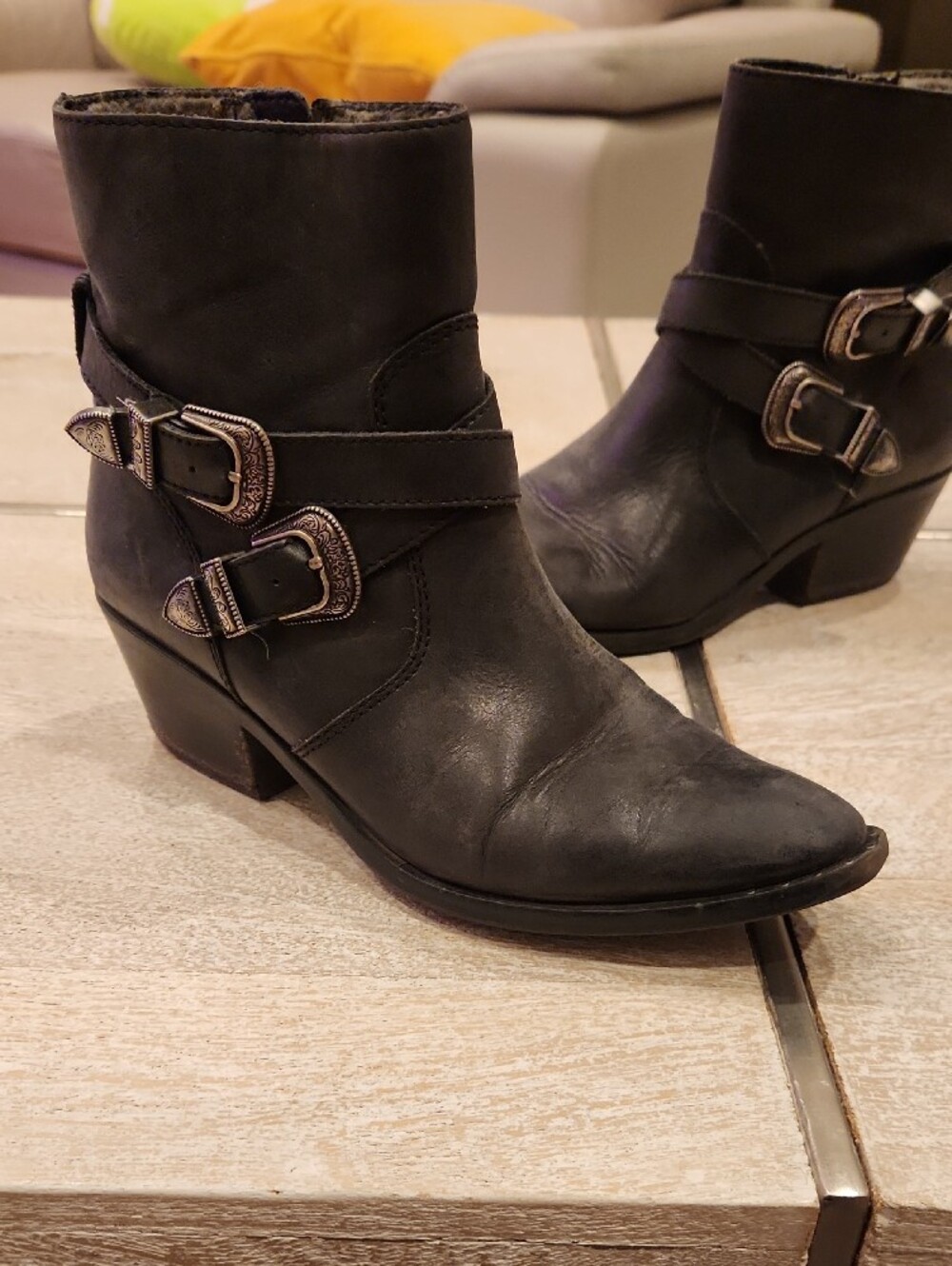 Patricia Nash Black Leather Pointed Toe Ankle Boots with Buckles